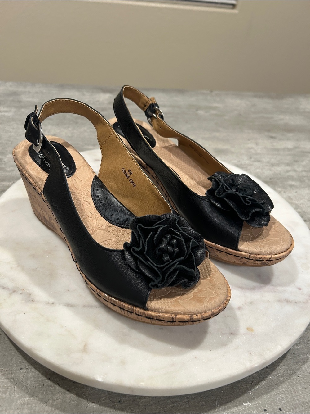 Born Concept B.O.C. Women's Black Floral Slingback Wedge Sandals size 8